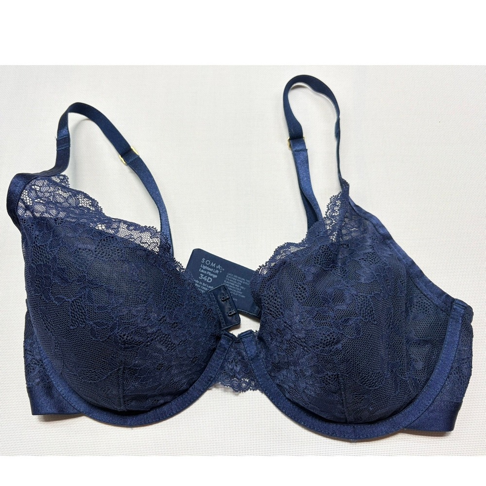 Soma Lightest Lift Bra 34D Navy Blue Lace Underwire Lingerie